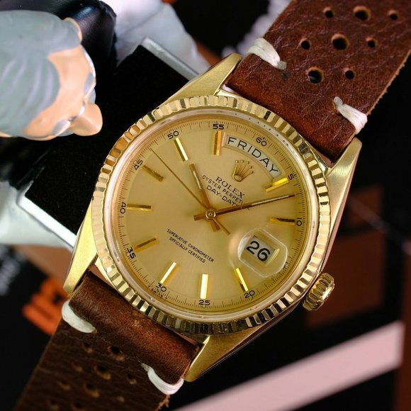 Rolex Day-date 1803 Factory Champagne Dial 18k Yellow Gold Men"s Leather Band - Picture 7 of 9